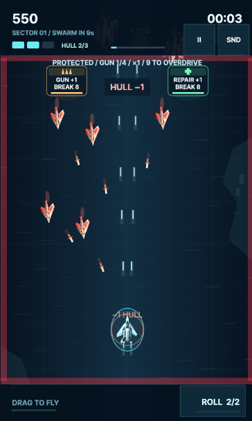 Neon Sortie gameplay: a silver fighter fires into incoming squadrons above a dark coastline, with hull and roll controls visible.